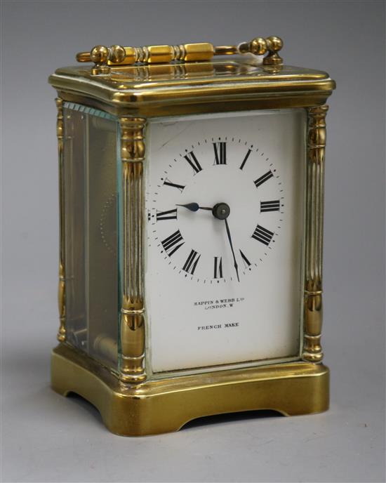 A Mappin & Webb French gilt brass carriage timepiece